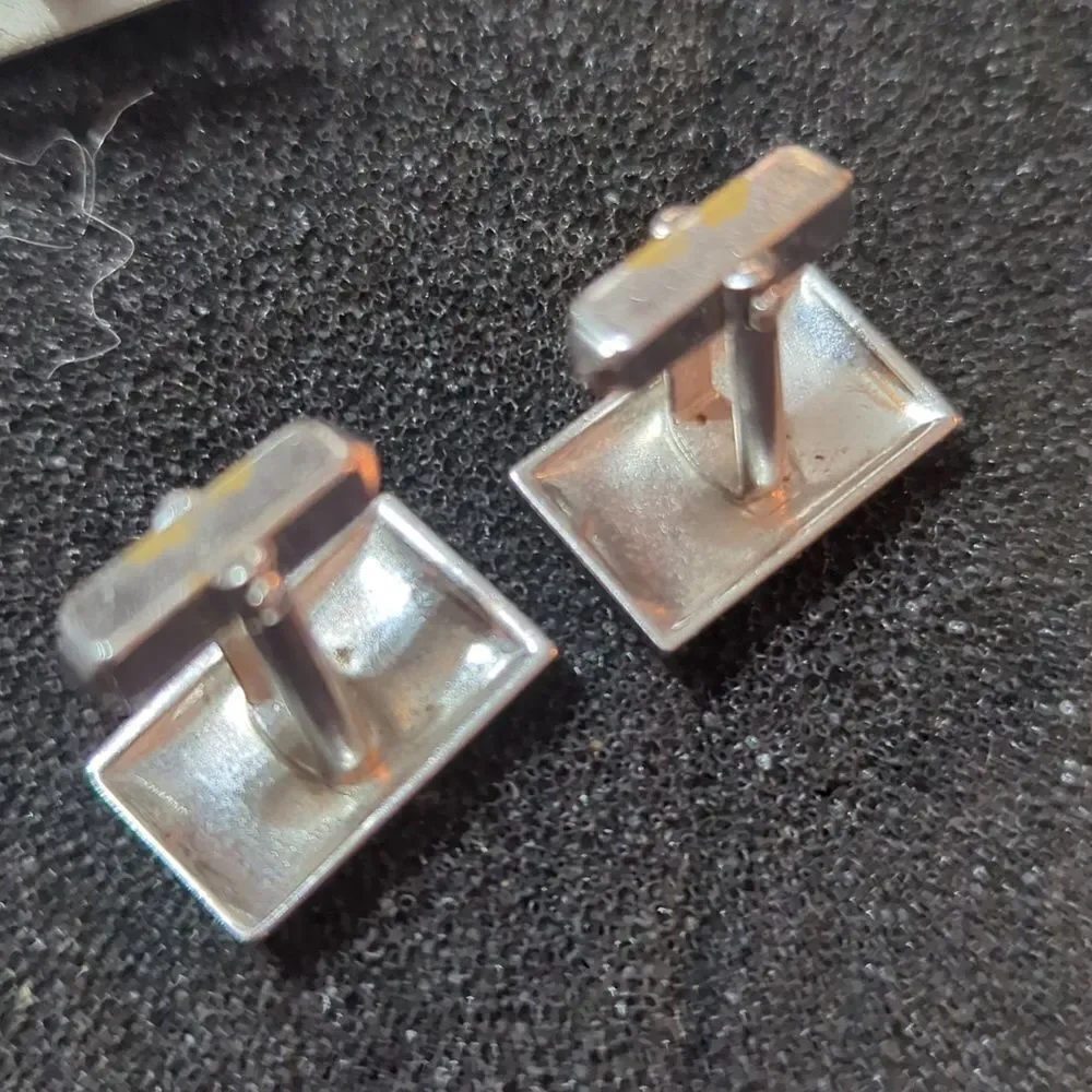 2 pr Vintage Swank faux‎ pearl square Shaped Silver Tone Cuff Links